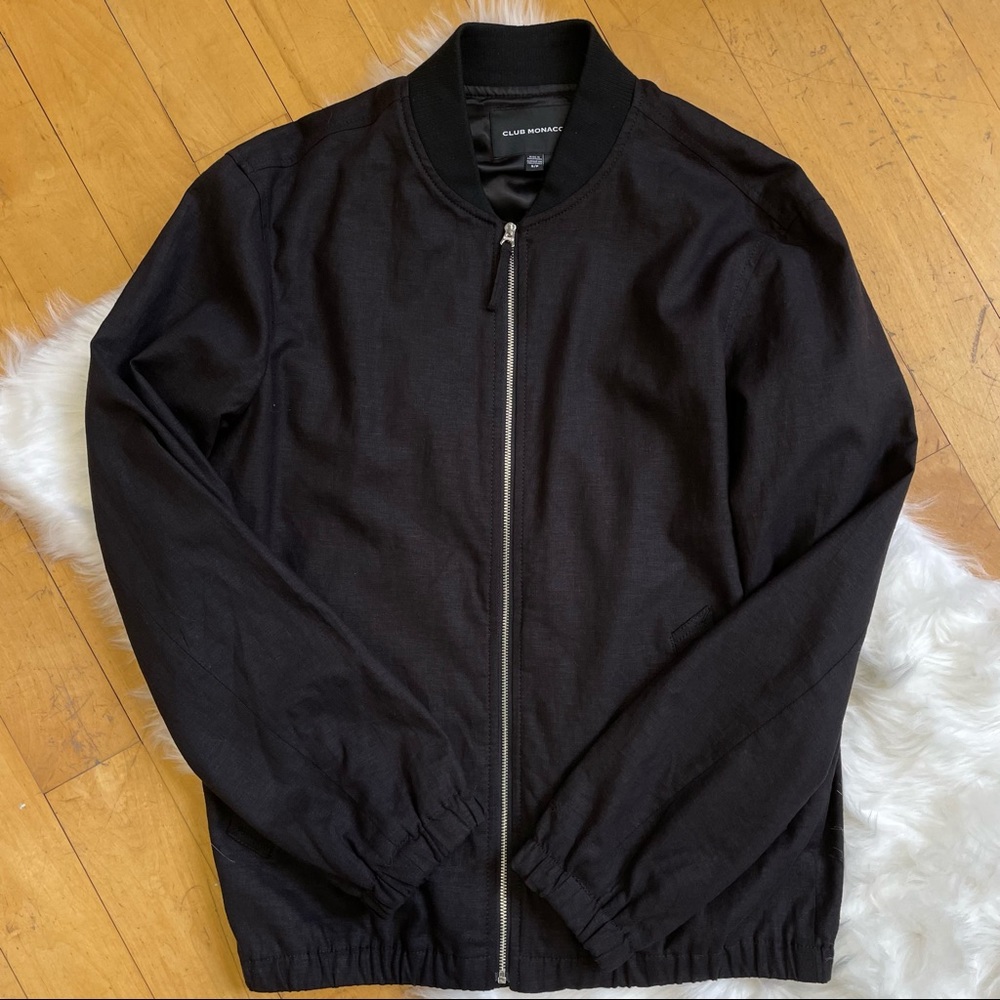 Club Monaco Men's Black Full Zip Linen Bomber Jacket Small